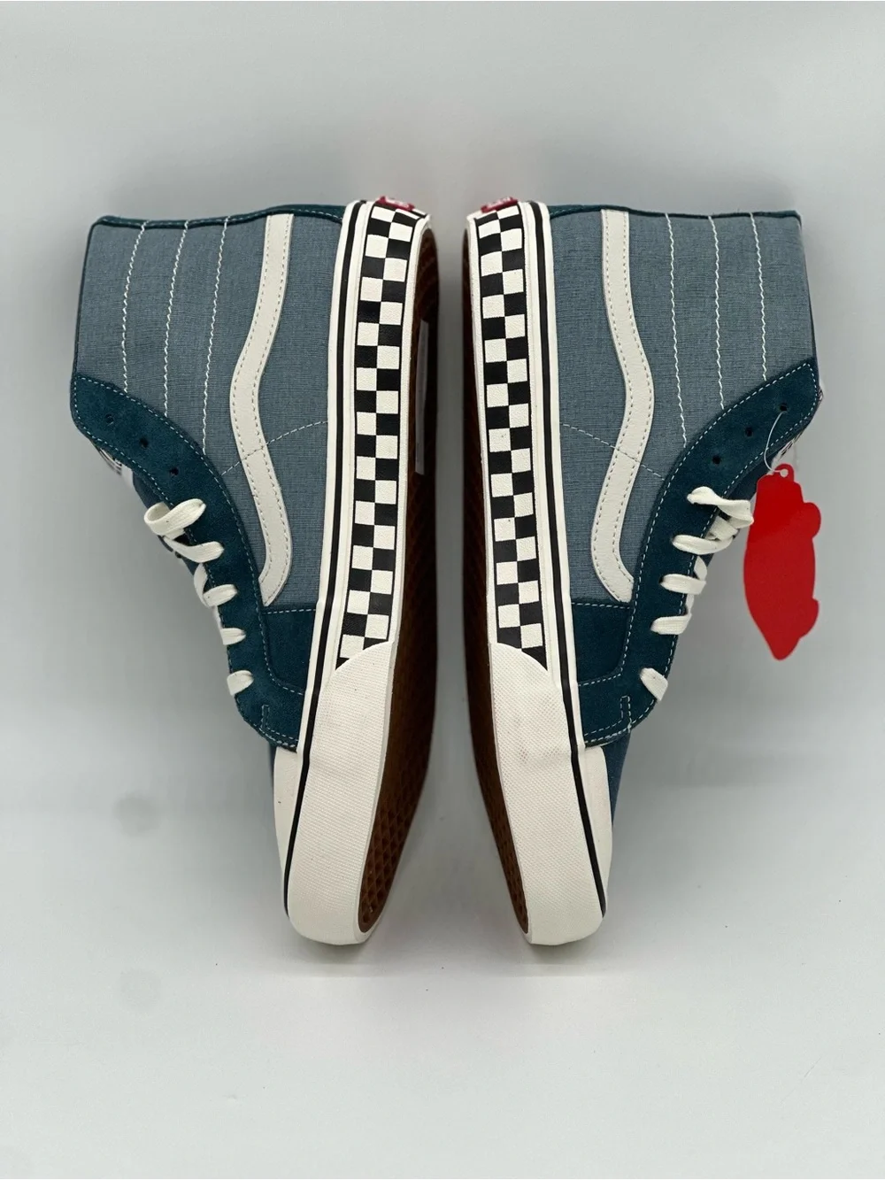Vans Mid-Top Sneakers in Teal and White with Checkerboard Sole